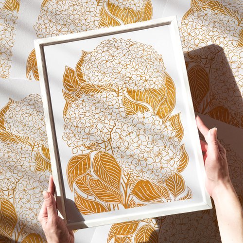 daashart Ochre hydrangea flowers Linocut print Original artwork Botanical wall art decor