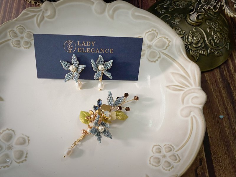 Psalm Brooch Earring Set for Flowers - Qingshan Blue - เข็มกลัด - วัสดุอื่นๆ 