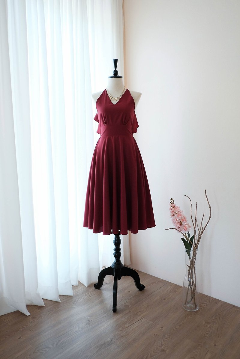 Burgundy Red Dress Women Bridesmaid Backless Cocktail Party Dress - Evening Dresses & Gowns - Polyester Red