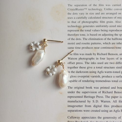 One N Only Jewelry 【母親節禮物】依偎-天然珍珠白紋石耳環14KGF注金