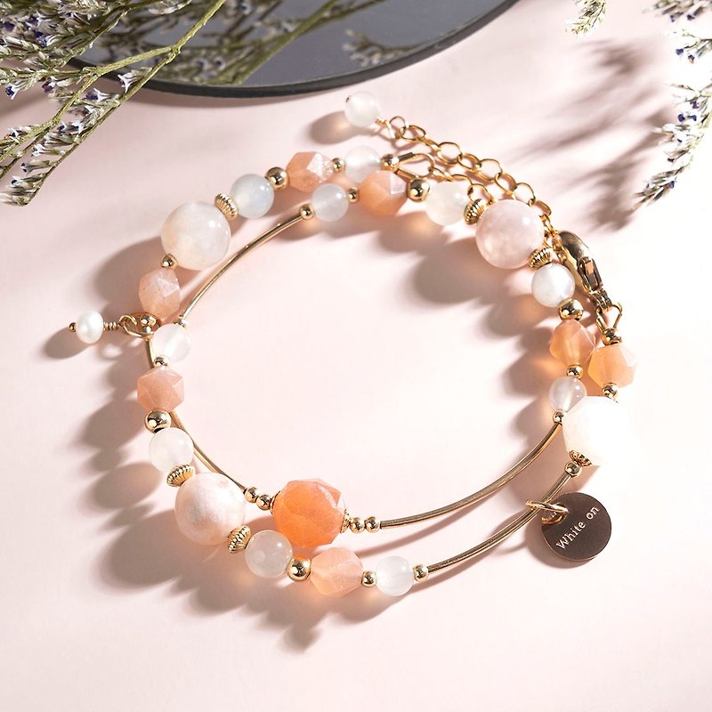 Orange Moonstone Cherry Blossom Agate White Moonstone 14K Gold Double Ring Crystal Bracelet Gift - Bracelets - Crystal Orange