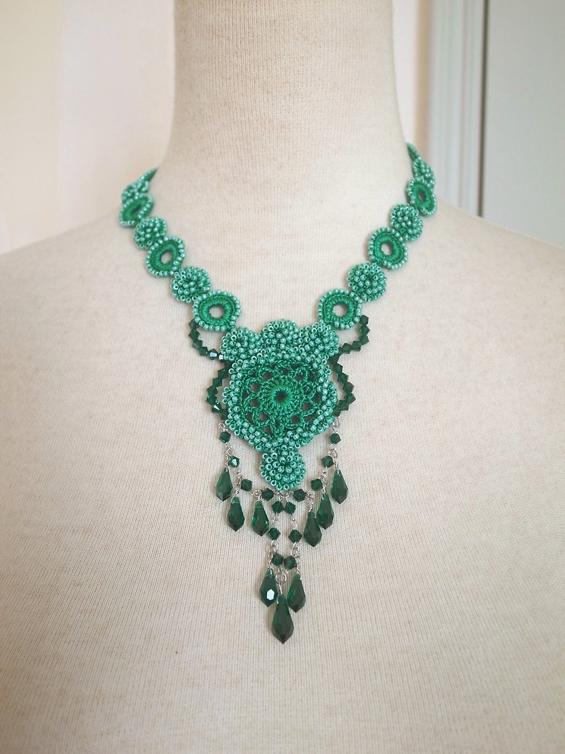 Irish Crochet Lace Jewelry (Dancing Brook 6) Fiber Art Necklace - Necklaces - Cotton & Hemp Green