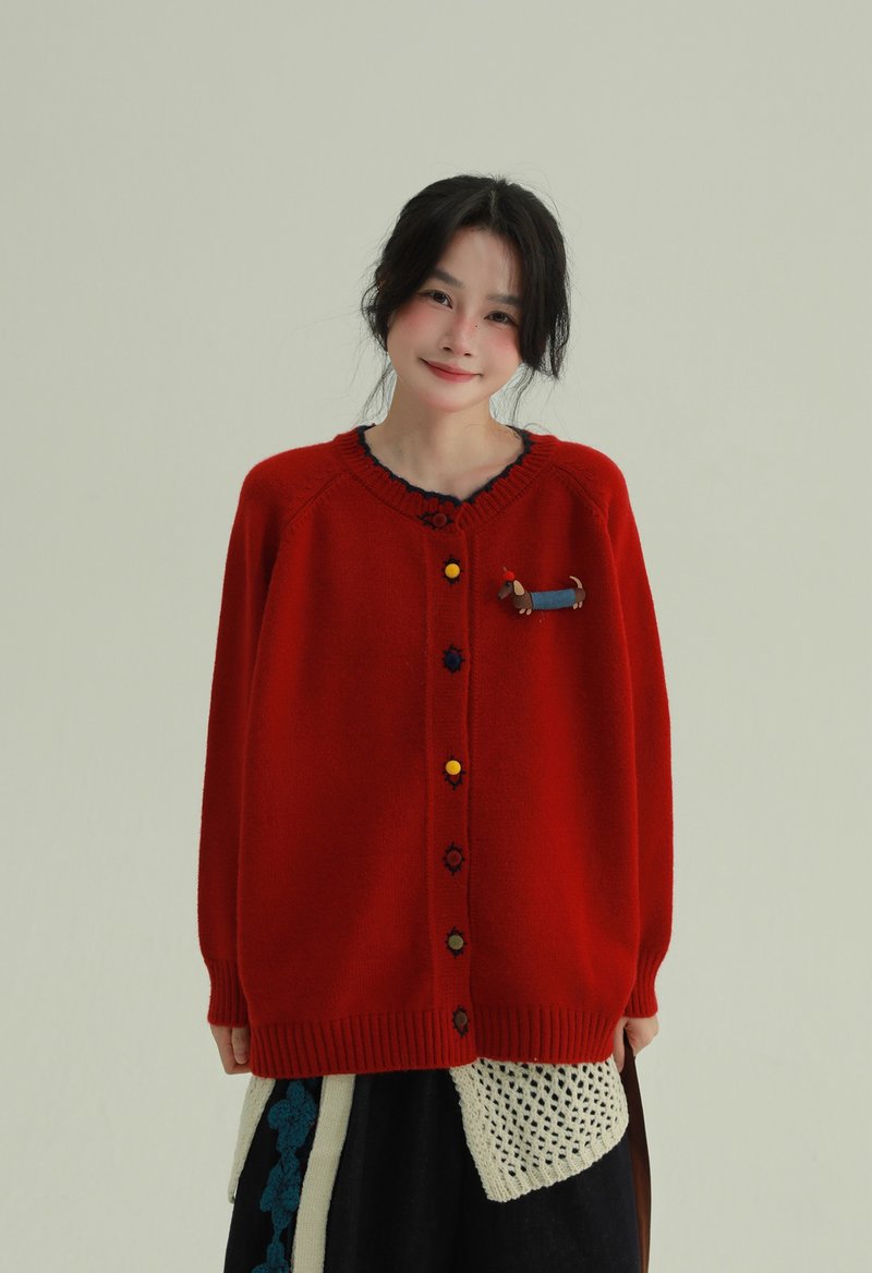 3顔色 聖誕小狗 臘腸小狗糖果扣毛衣 軟糯慵懶寬鬆針織開衫上衣 - 女毛衣/針織衫 - 其他人造纖維 紅色