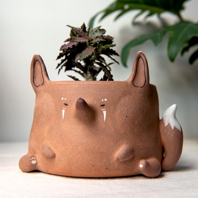 4 inch, Mid-brown tribal fox planter. Handmade plant pot with drainage. - Pottery & Ceramics - Pottery 