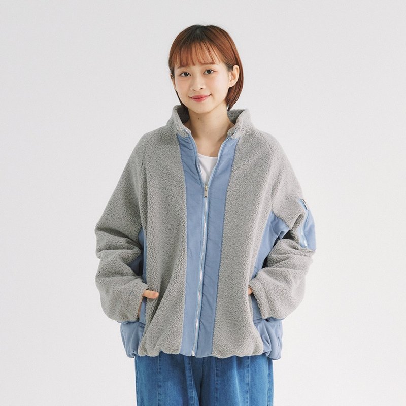 【Simply Yours】Lamb wool cotton coat gray blue F - เสื้อแจ็คเก็ต - ผ้าฝ้าย/ผ้าลินิน สีน้ำเงิน