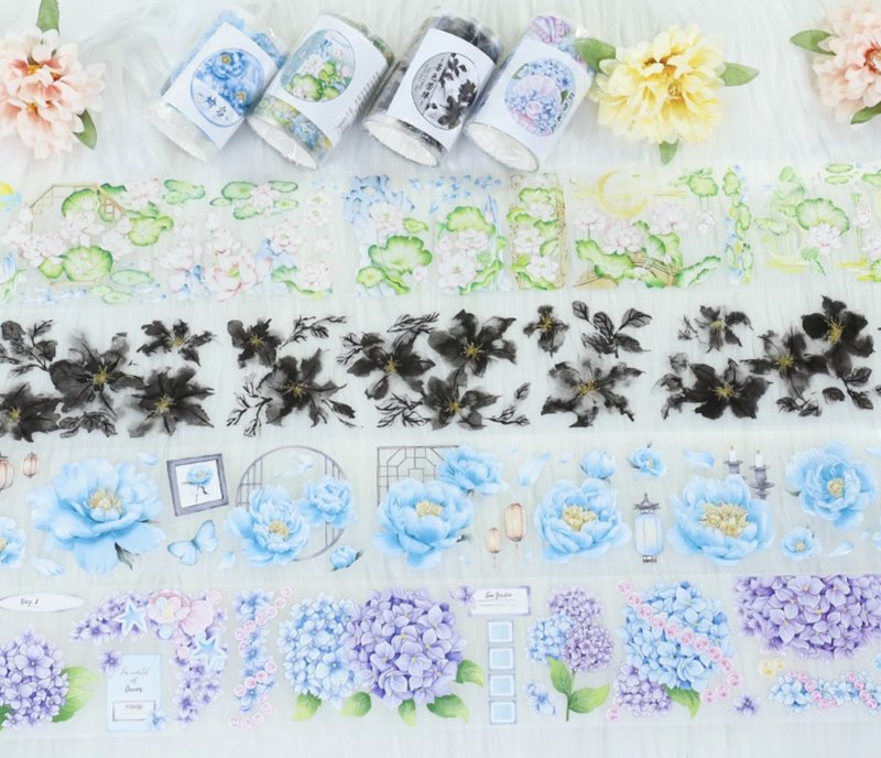 花卉合集 PET 紙膠帶 貝殼光 / 2米卷 - 紙膠帶/和紙/PET - 紙 多色