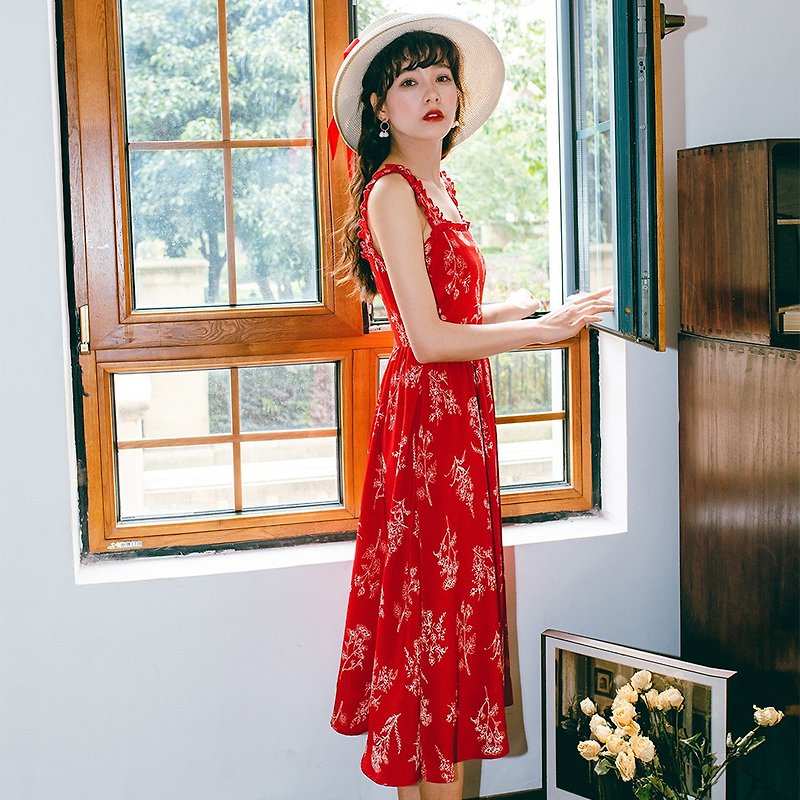 [full delivery sling] 2019 women's summer wear ruffled sling dress dress 9218 - ชุดเดรส - เส้นใยสังเคราะห์ สีแดง