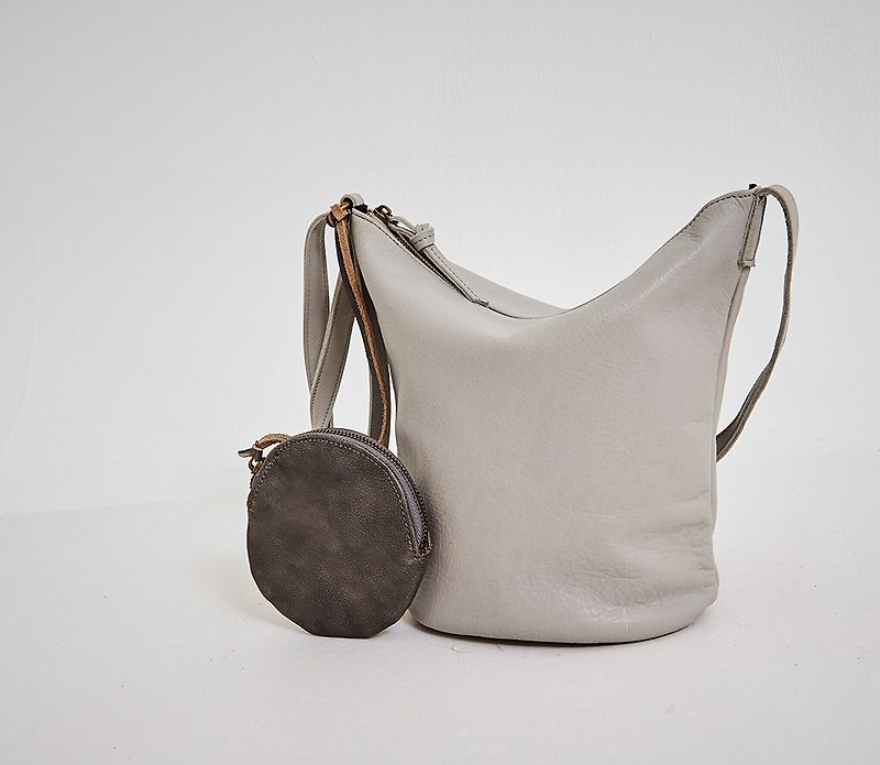 Minimal small cylindrical side backpack light gray - Messenger Bags & Sling Bags - Genuine Leather Gray