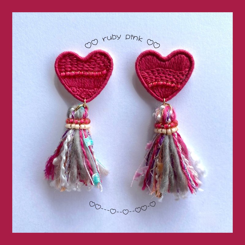 Heart Tassel (Ruby Pink) Embroidered Clip-On - Earrings & Clip-ons - Thread Pink