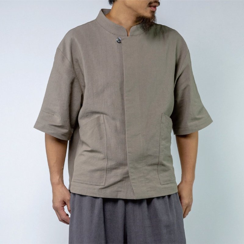 五分袖ポケット茶衫-メンズ 天然コットンリネン | グレイッシュストーン - シャツ メンズ - コットン・麻 