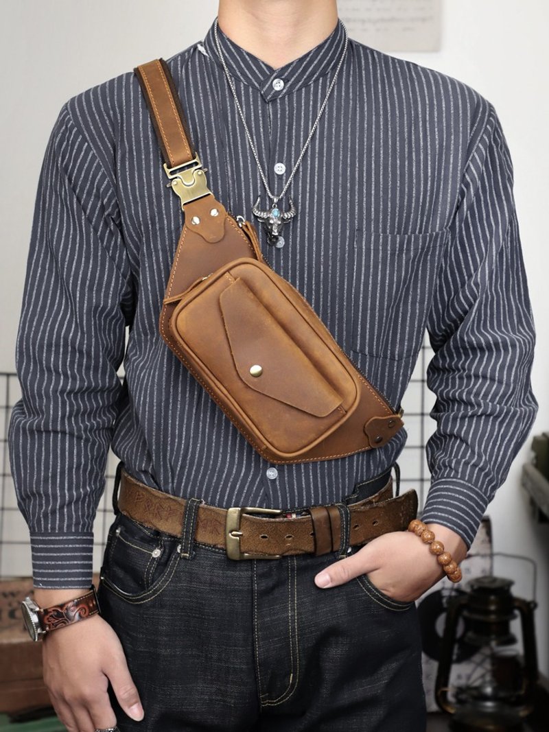 復古牛皮腰包 手工真皮隨身胸包 肩背腰包 斜跨單肩包 側背包 - 側背包/斜孭袋 - 真皮 咖啡色