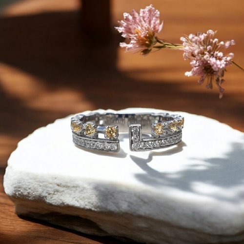 mariam-bijoux Yellow sapphire and white topaz ring, 925 silver setting, white gold plated