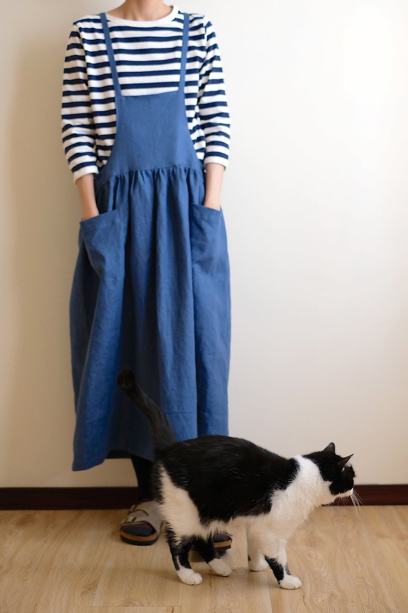 Everyday hand-made clothes are like a little girl blue low waist straps dress skirt linen - One Piece Dresses - Cotton & Hemp Blue