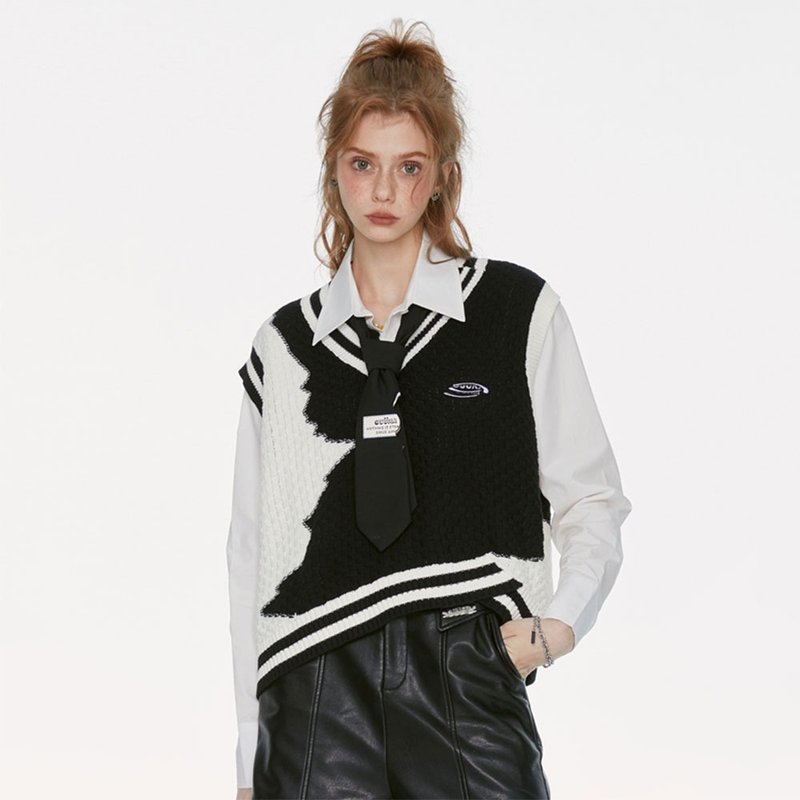 針織毛衣女 黑白拼接V領針織 不規則下擺馬甲 無袖背心 - 女裝毛衣/針織衫 - 棉．麻 