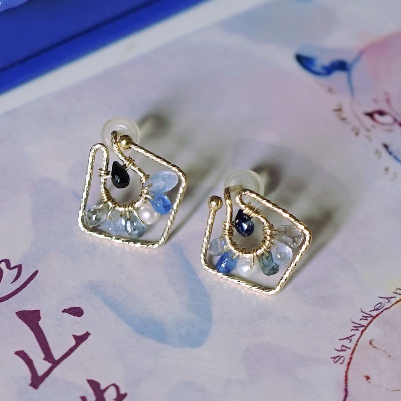 Natural royal blue cornflower sapphire and blue tourmaline hand-wound palace classical rhombus earrings - ต่างหู - เครื่องประดับพลอย สีน้ำเงิน