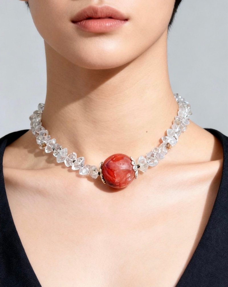 Crystal.EAA 設計款水晶項鏈 赤珀凝霜 黑髮晶 巨無霸紅膠花 閃靈 - 手鍊/手環 - 水晶 紅色