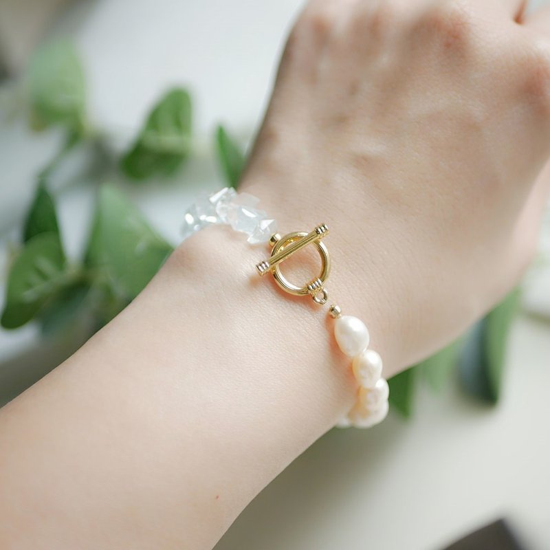 象徵幸福家庭的天使之石 海藍寶×巴洛克珍珠套環手鍊 3月誕生石 - 手鍊/手環 - 寶石 藍色