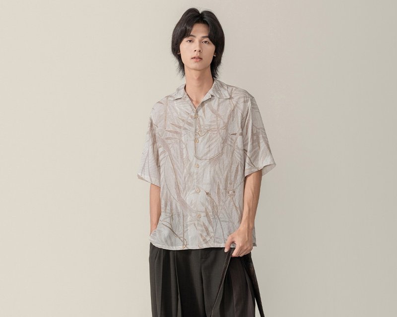 【彌蔓】森系文藝復古 莫裡斯植物/手繪短袖 - 男襯衫/休閒襯衫 - 其他材質 灰色