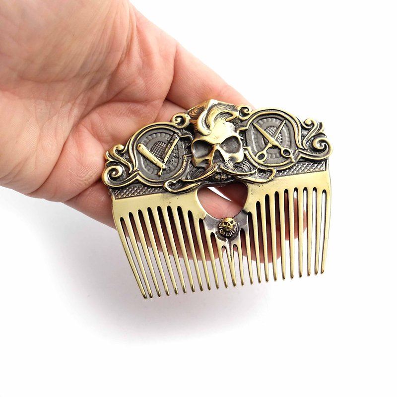 Solid brass handmade beard comb, Metal male barbers beard comb with skull - 髮夾/髮飾 - 其他金屬 金色