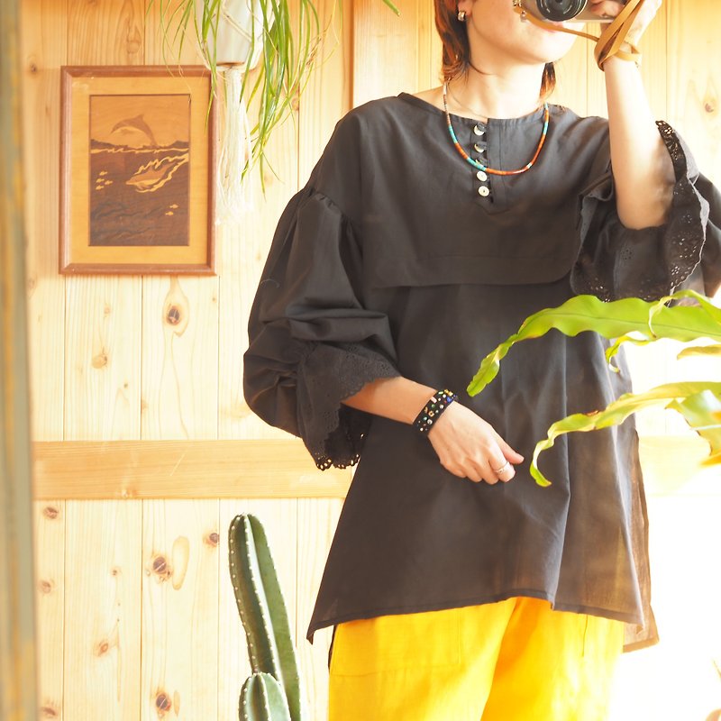 棉．麻 女襯衫 黑色 - Tuck Lace Volume Sleeve Blouse Black