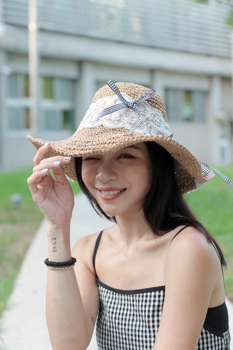 Unni柔美蓓蕾草帽-編織帽 帽 遮陽帽 草帽 防曬 straw hat 寬簷帽 - 帽子 - 植物．花 藍色