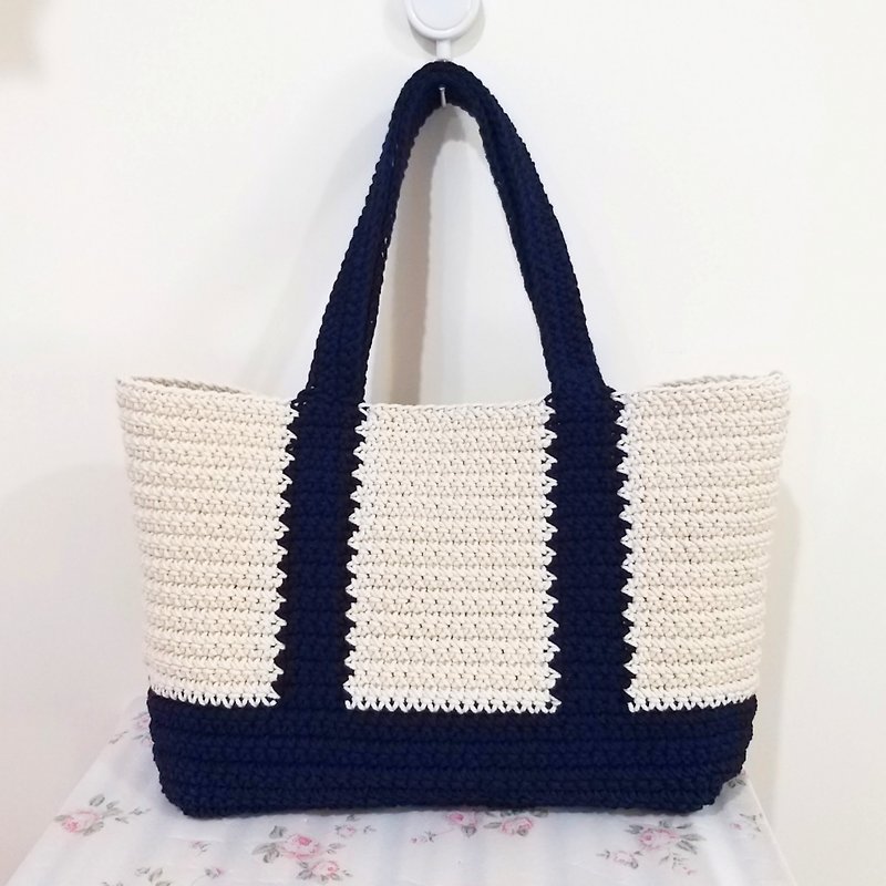 M blue color lines shoulder bag cotton Linen hand crocheted - Handbags & Totes - Cotton & Hemp Multicolor