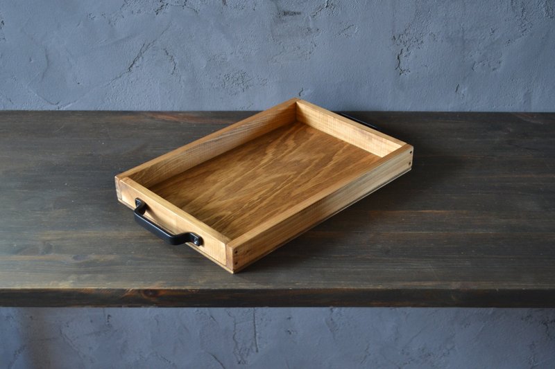 Simple Japanese Hinoki Café Tray with Black Iron Handle 0310mito - Storage - Wood Brown