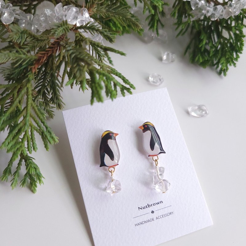 Bird Series-Crown Penguin White Crystal Earrings/ Clip-On - Earrings & Clip-ons - Resin 