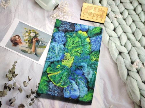 FEN手工小鋪 花朵系列-薄棉布藍綠奇幻花草款布書套-布書衣可適用A5-25K筆記本