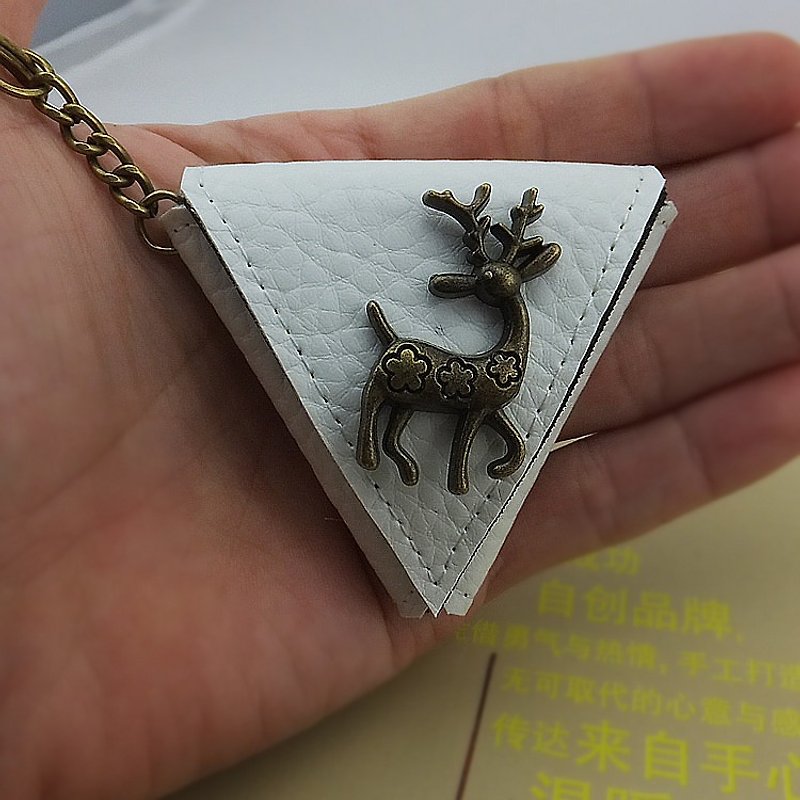 Valentine's Day gift custom sika deer triangle coin purse bag, guitar pick bag keychain charm - Coin Purses - Genuine Leather White