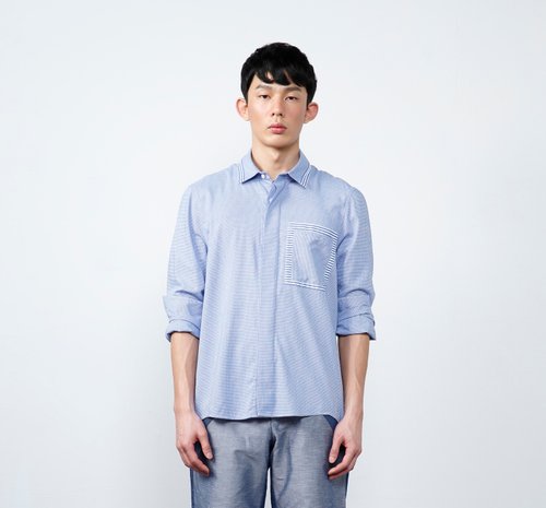 WEAVISM織本主義 【設計款】千鳥拼接條紋男襯衫-藍