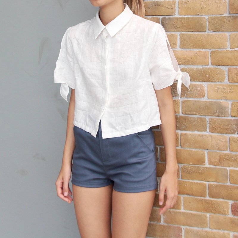兔子蹦蹦跳亞麻短板白襯衫 (Bunny Hop Shirt (white)) - 女襯衫 - 其他材質 白色