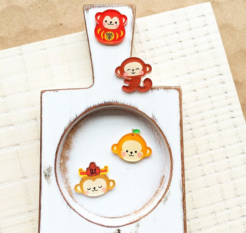 Monkey Loves to Dress Up Hand-painted Earrings/Anti-Sensitive Steel Needles/Changeable Clip-On Style/Free to Match a Pair - Earrings & Clip-ons - Resin Red