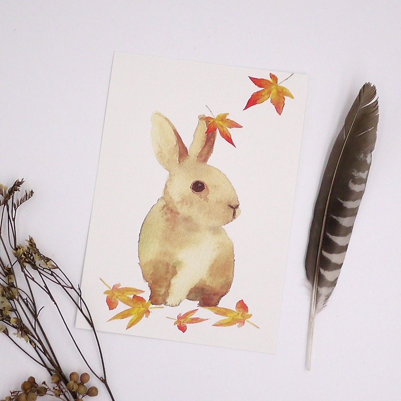 Watercolor leaves rabbit cute animal postcard / card / Greeting watercolour postcard - Cards & Postcards - Paper White
