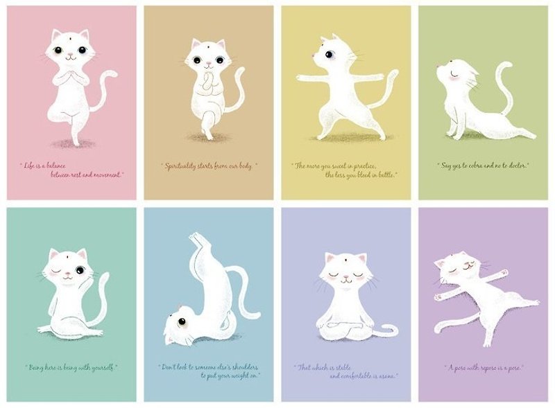 [Poca] 插畫明信片：瑜珈貓信片組(八款入) - 心意卡/卡片 - 紙 多色