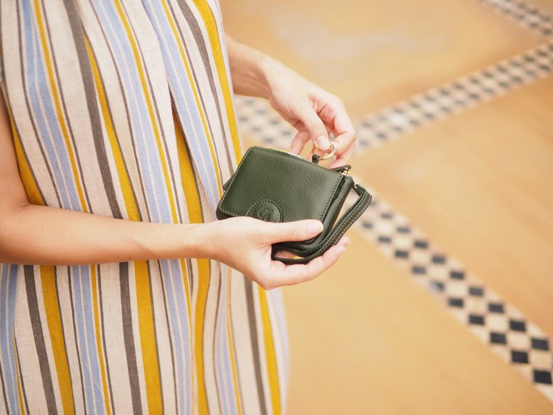 Mary (Green) : Mini wallet, short wallet, cow leather, Brown-grey, Zip pouch - 錢包/皮夾/長短夾 - 真皮 綠色