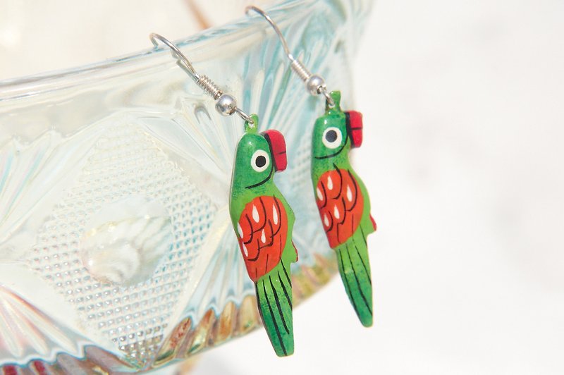 Valentine's Day gift hand-painted wooden earrings limited edition / wooden earrings / Animal earrings - rainforest green parrot (Ear / ear clip) - ต่างหู - ไม้ หลากหลายสี