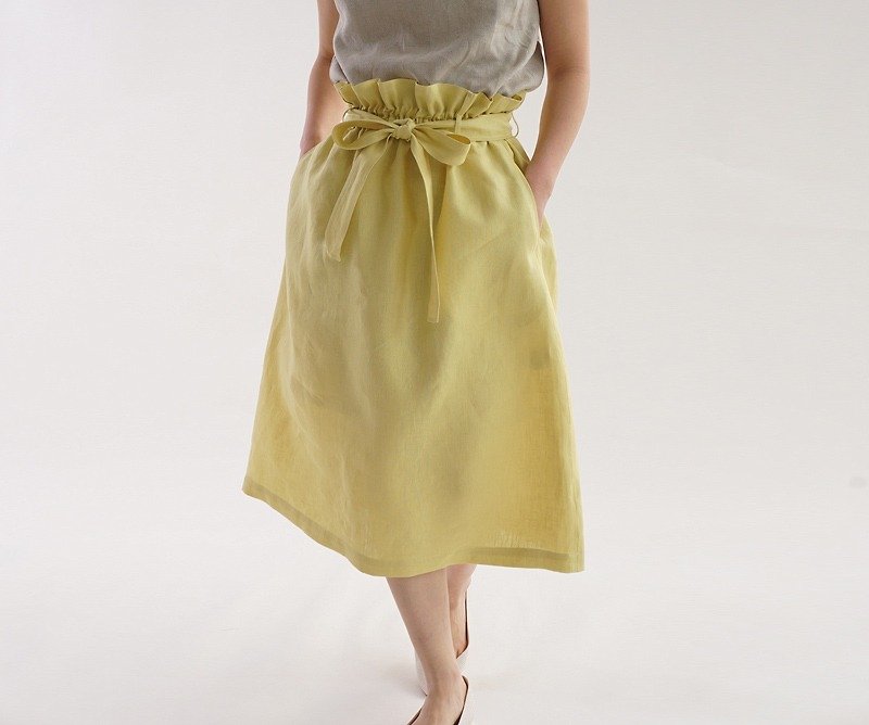 Belgian linen double loop rubber skirt / Journe Johnkeeil s010a-jjy2 - Skirts - Paper Yellow
