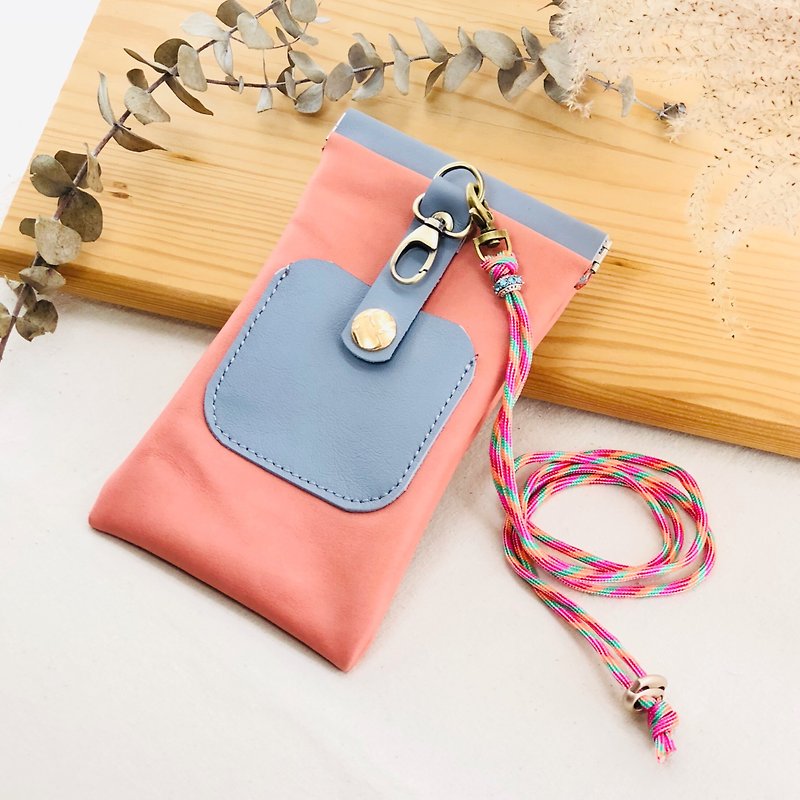 Splicing shrapnel multi-function mobile phone bag --- mobile phone case / earphone / card / cross-body phone bag - Phone Cases - Genuine Leather Pink
