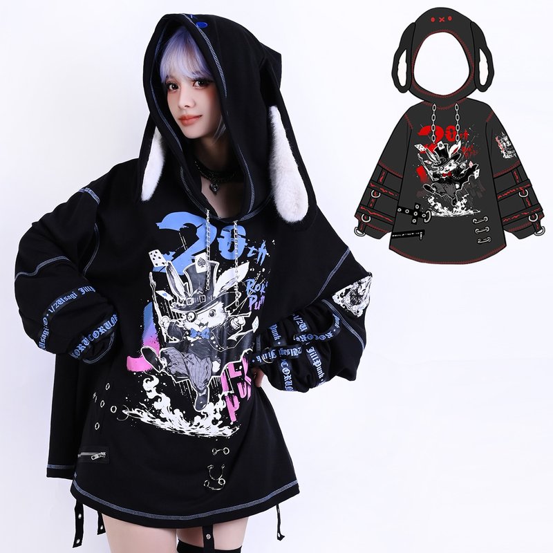 Kawaii punk 20th Anni. illusionist rabbit detachable sleeve ear hoodie JJ2498 - เสื้อฮู้ด - ผ้าฝ้าย/ผ้าลินิน 