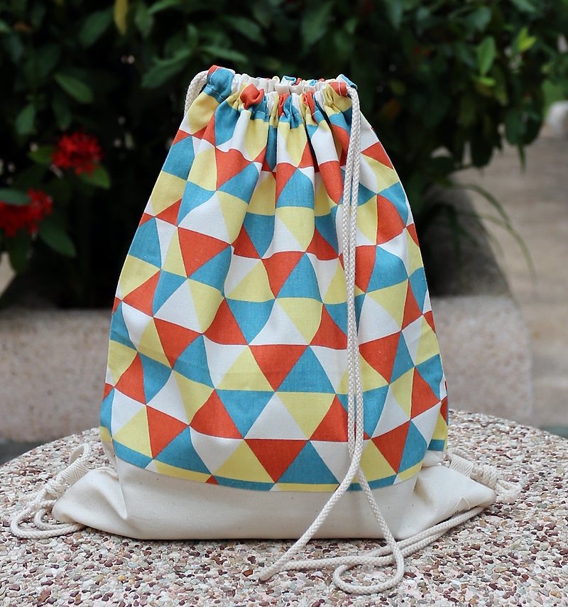 Silverbreeze~ Bundle Back Backpack ~ Triangle Pattern (B15) - Drawstring Bags - Cotton & Hemp Multicolor
