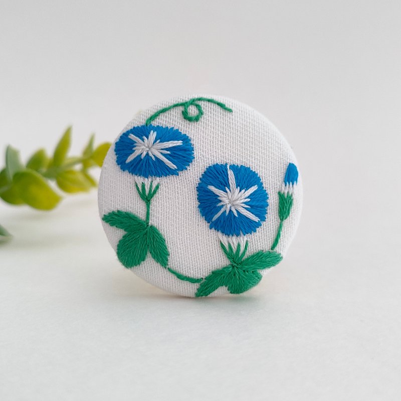 青の朝顔刺繍ブローチor刺繍ヘアゴム - 胸針 - 棉．麻 藍色