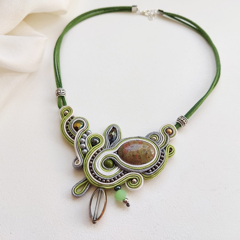 Green Necklace with Unakite Stone, Beaded necklace, Soutache embroidery - Necklaces - Stone Green