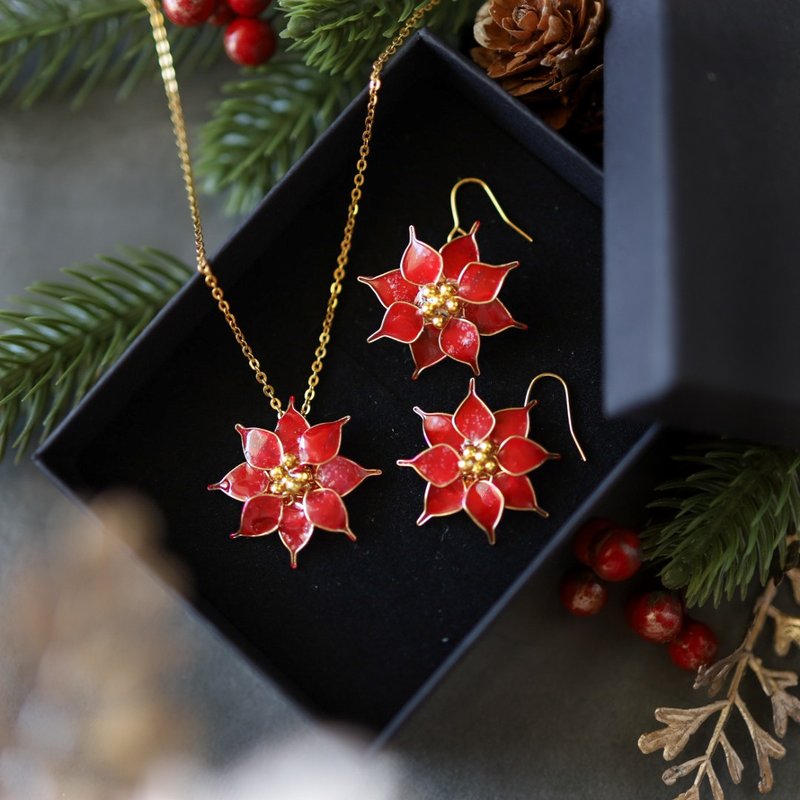 Christmas coffret poinsettia earrings/ Clip-On and necklace set - Earrings & Clip-ons - Resin Red