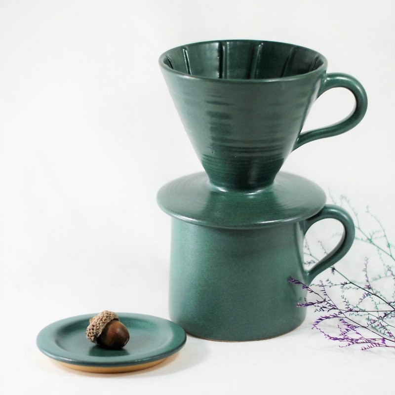 Cone chrome green coffee filter cup, 2~4 servings - แก้วมัค/แก้วกาแฟ - ดินเผา สีเขียว