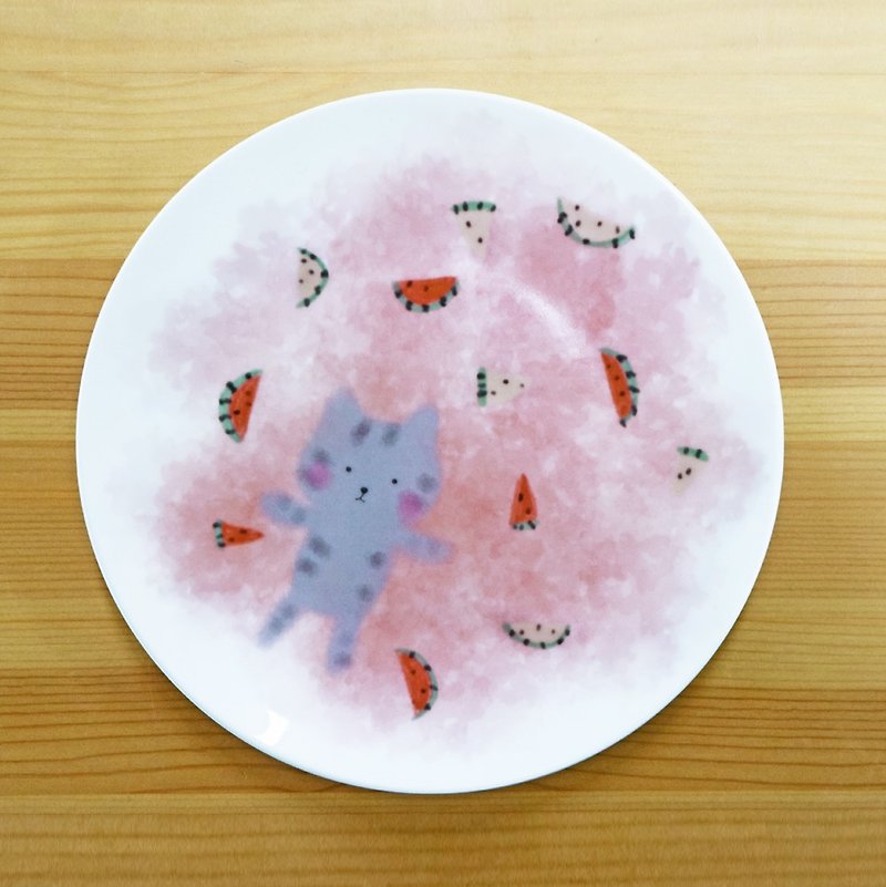 6.5 inch porcelain dishes colorful Summer - cat / seasons series a total of four / cat / watermelon / plate / plate / bone plate / microwave / SGS - จานเล็ก - เครื่องลายคราม 