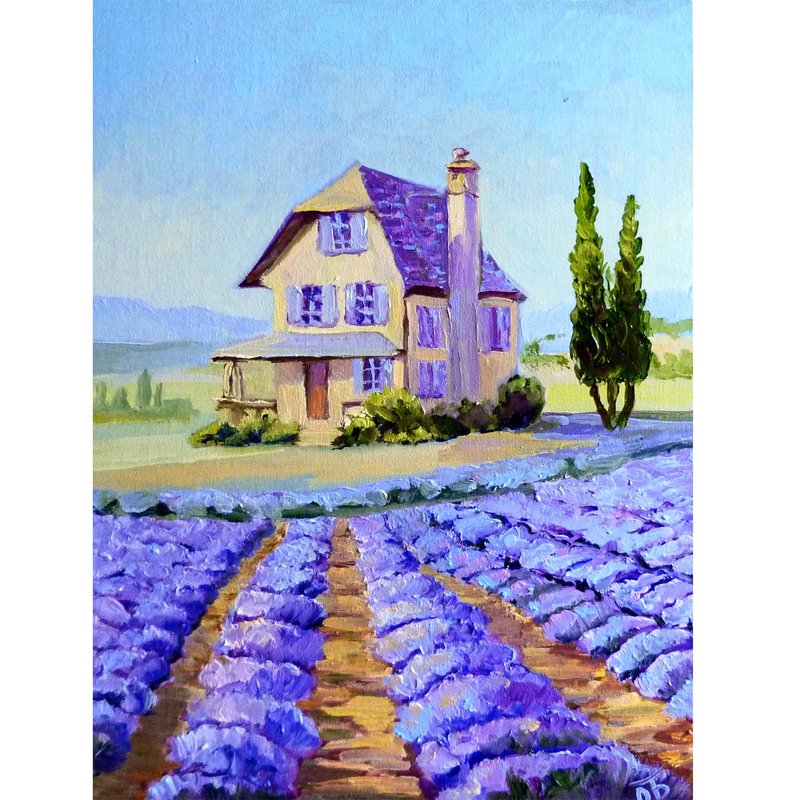 Lavender field oil painting on canvas - provence original art - house painting - โปสเตอร์ - ผ้าฝ้าย/ผ้าลินิน สีแดง