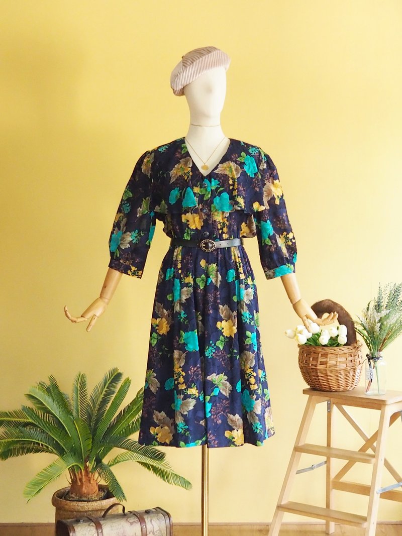 古著洋裝 | Size XL | Navy blue with floral pattern - 洋裝/連身裙 - 棉．麻 藍色