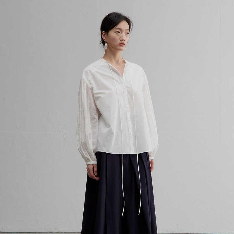 壓褶泡泡袖襯衫|春款|Autumn-0010 - 女襯衫 - 棉．麻 白色
