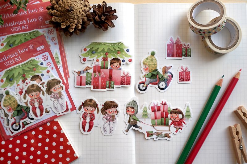 Christmas Fun Sticker Pack - 6 Illustrated Watercolor Stickers, Planner Stickers - สติกเกอร์ - วัสดุกันนำ้ สีแดง